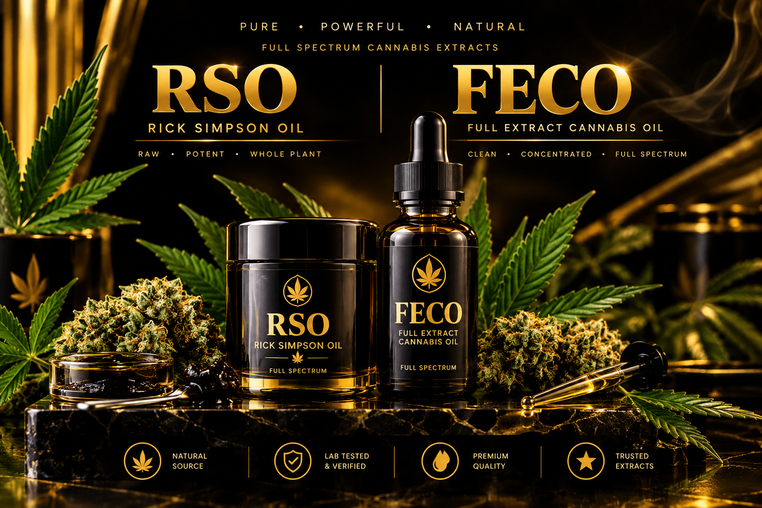 Premium RSO and FECO cannabis oil products with botanical leaves